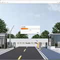 Community Entrance With Driveway Gate Barrier Buildings Trees And Street Lamps