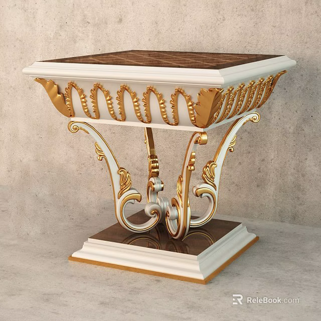 Classic European Style Coffee Table With White Gold Ornate Carvings And Dark Wooden Top 3d model 