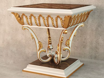 Classic European Style Coffee Table With White Gold Ornate Carvings And Dark Wooden Top 3d model
