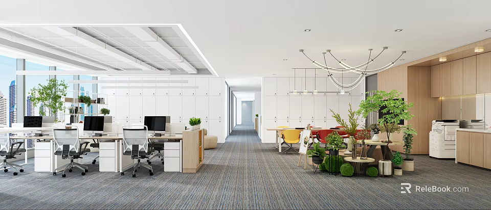 Modern Public Office Space With Desks Computers White Lockers Greenery Chandeliers Colorful Sofas And Carpet 3d model 