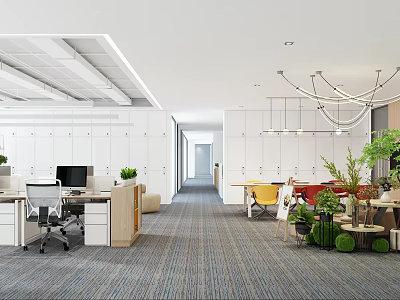 Modern Public Office Space With Desks Computers White Lockers Greenery Chandeliers Colorful Sofas And Carpet 3d model