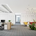 Modern Public Office Space With Desks Computers White Lockers Greenery Chandeliers Colorful Sofas And Carpet