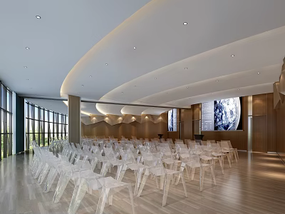 Modern Conference Room With Curved Ceiling Transparent Chairs Wooden Flooring And Projection Screen 3d model