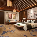 Chinese Style Hotel Guest Room With Wooden Ceiling Chandeliers Decorative Paintings And Large Screen Projection
