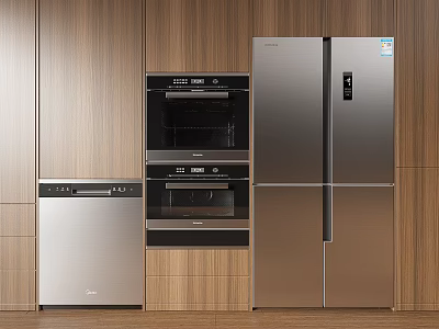 Modern Kitchen Interior With Stainless Steel Appliances Refrigerator Oven Dishwasher And Wooden Cabinets 3d model
