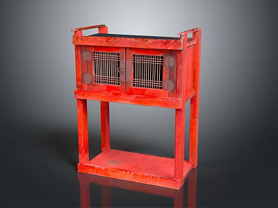 Red Two Tier Storage Cabinet With Grid Doors And Open Lower Shelf 3d model