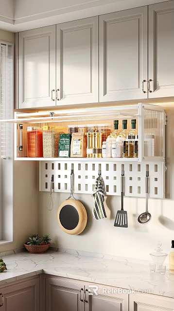 Modern Kitchen Decor Storage Combination With Lighted Transparent Rack Jar Storage And Hanging Utensils 3d model 