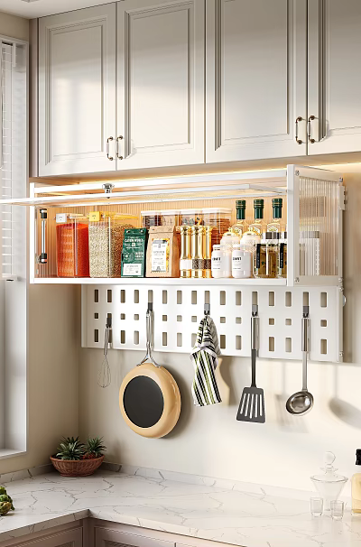Modern Kitchen Decor Storage Combination With Lighted Transparent Rack Jar Storage And Hanging Utensils 3d model