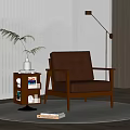 Tufted Brown Leather Lounge Chair With Wooden Armrests Side Table Plant Floor Lamp And Rug