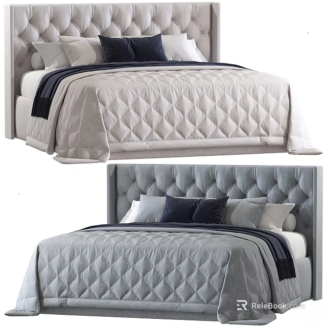 Stylish Double Bed Design With Quilted Bedspread Tufted Headboard Bed Runner And Light Dark Pillows 3d model
