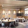 Modern School Classroom Interior With Tables Chairs Whiteboard Large Windows Bookshelves And Wall Art