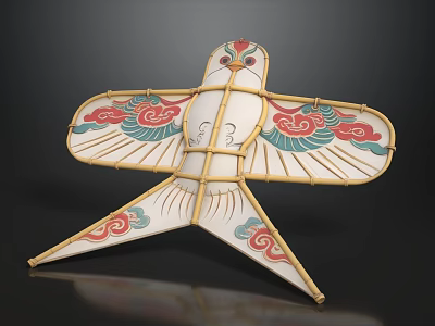 Traditional Chinese Kite With Bamboo Frame And Colorful Red Blue Cloud Patterns 3d model