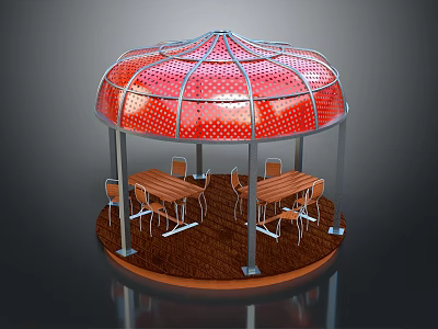 Red Round Perforated Roof Pergola With Metal Frame And Wooden Tables Chairs Outdoor Leisure Space 3d model