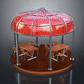 Red Round Perforated Roof Pergola With Metal Frame And Wooden Tables Chairs Outdoor Leisure Space