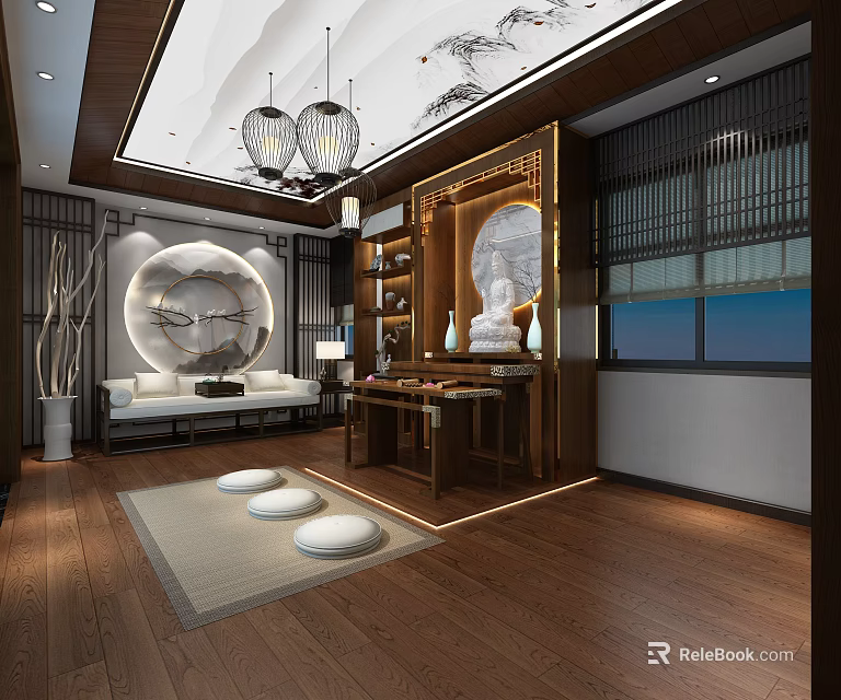 Buddhist Zen Interior Design With Buddha Statue Shrine And Traditional Chinese Decor 3d model 