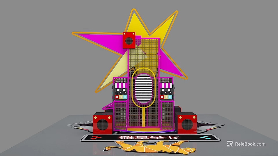 Vibrant Star Shaped Photo Spot With Yellow Pink Grid And Red Decorative Elements 3d model 