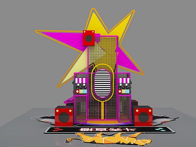 Vibrant Star Shaped Photo Spot With Yellow Pink Grid And Red Decorative Elements 3d model
