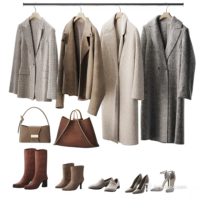 Stylish Winter Coats with Trendy Handbags and Leather Boots for Fashionable Outfits 3d model 