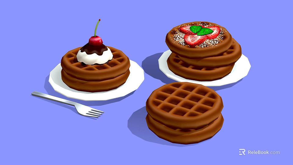 Delicious Stacked Waffles With Whipped Cream Cherry Strawberries And Mint Leaves On White Plates 3d model 