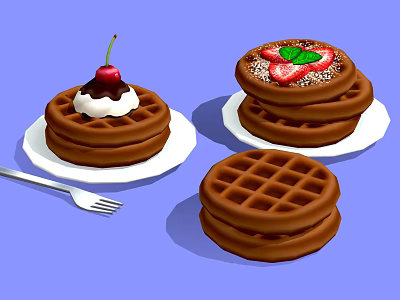 Delicious Stacked Waffles With Whipped Cream Cherry Strawberries And Mint Leaves On White Plates 3d model