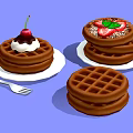 Delicious Stacked Waffles With Whipped Cream Cherry Strawberries And Mint Leaves On White Plates