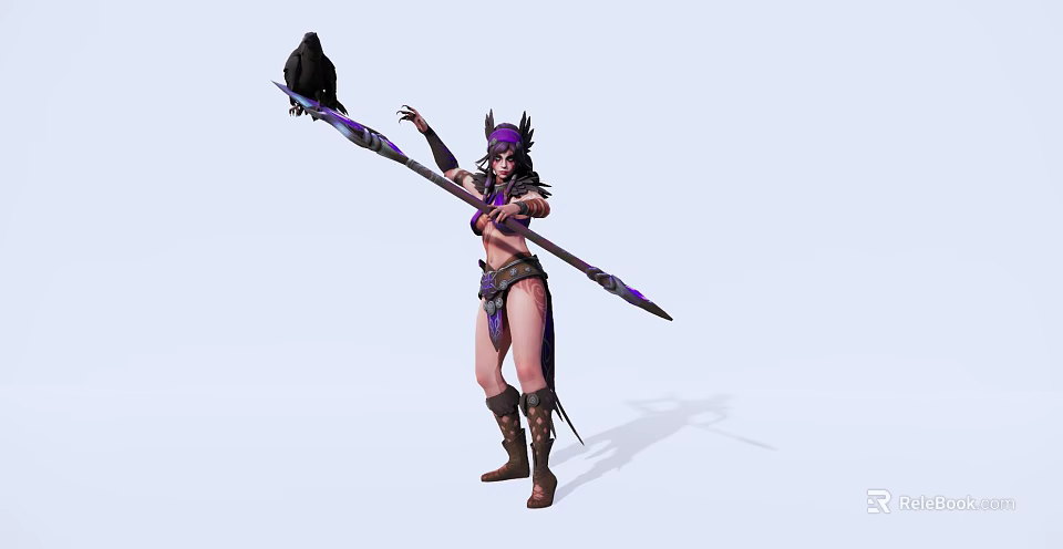 Horned Game and Movie Character In Purple Outfit Holding Staff With Crow Wearing Boots 3d model 