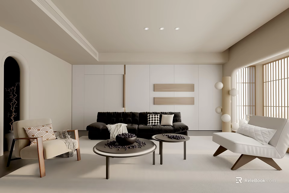 Elegant Modern Living Room Interior With Black Sofa Round Coffee Tables White Cabinets And Armchairs 3d model 