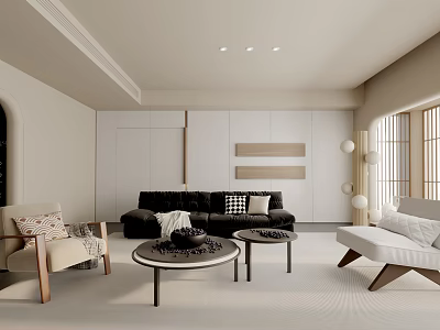 Elegant Modern Living Room Interior With Black Sofa Round Coffee Tables White Cabinets And Armchairs 3d model