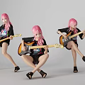 Women With Pink Hair Playing Electric Guitars in Different Dynamic Poses Against Gray Studio Background