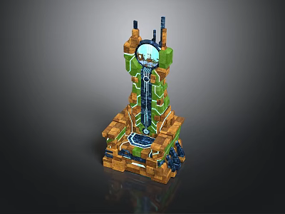 3D Mechanical Tower Structure With Green Elements Orange Base Top Antennas And Blue Tech Lines 3d model