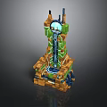 3D Mechanical Tower Structure With Green Elements Orange Base Top Antennas And Blue Tech Lines