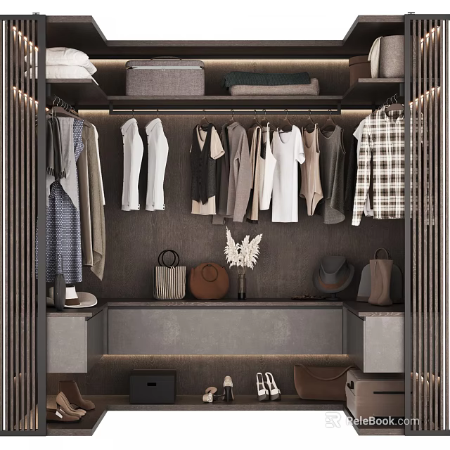 Modern Wardrobe Interior With Hanging Clothes Folded Items Hats Bags And Shoes 3d model 