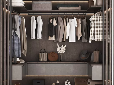 Modern Wardrobe Interior With Hanging Clothes Folded Items Hats Bags And Shoes 3d model