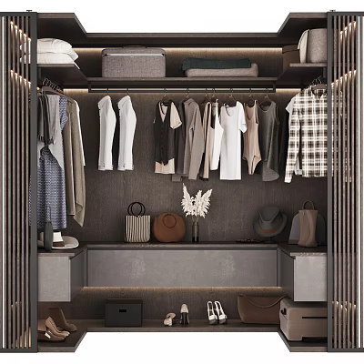 Modern Wardrobe Interior With Hanging Clothes Folded Items Hats Bags And Shoes 3d model