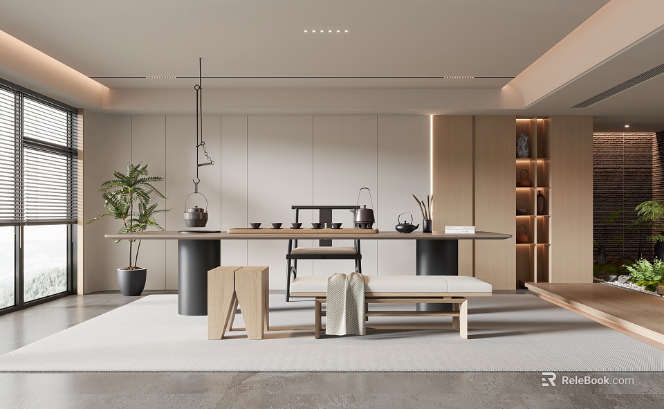 Modern Minimalist Tea Room Interior With Wooden Table Tea Sets Green Plants And Hanging Lights 3d model 