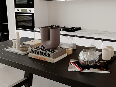 Stylish Black Kitchen Countertop With Books Brown Cups Candle And Magazine Decor 3d model