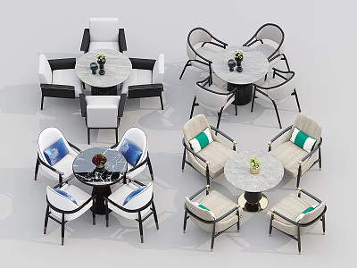 Modern Dining Table and Chair Sets With Marble Tops Upholstered Seats and Green Cushions 3d model