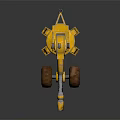 Yellow Industrial Mechanical Device With Large Tires And Extended Arm Structure On Reflective Black Surface