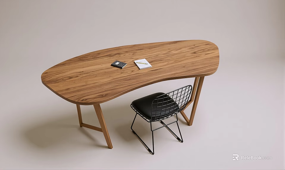 Wooden Oval Shaped Desk With Black Object Notebook And Metal Frame Chair 3d model 