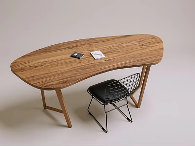 Wooden Oval Shaped Desk With Black Object Notebook And Metal Frame Chair 3d model