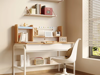 Kids Desk With Shelf Books Stationery And White Chair By Window With Blinds 3d model