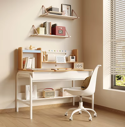Kids Desk With Shelf Books Stationery And White Chair By Window With Blinds 3d model