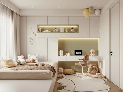 Cozy Tatami Bedroom Interior With Tatami Bed Bookshelf Desk Stuffed Toys And Balloons 3d model