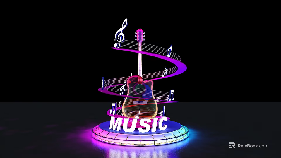 Music Themed Photo Spot With Illuminated Guitar Spiral Lights And Music Notes 3d model 