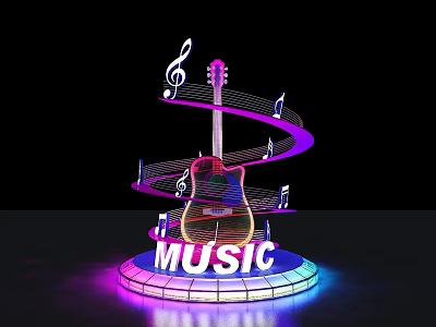 Music Themed Photo Spot With Illuminated Guitar Spiral Lights And Music Notes 3d model
