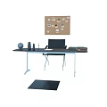 Modern Minimalist Desk And Chair Set With Corkboard Photos Globe Vases Laptop And Books