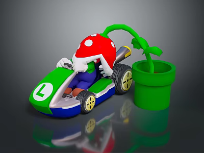Green Kart Featuring Character With Red Mushroom Hat And Green Flower Pot 3d model