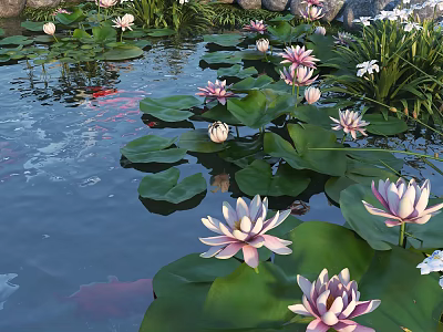 Vibrant Water Lilies in Pond with Green Lily Pads and Koi Fish 3d model