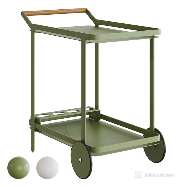 Green Two Tier Metal Rolling Cart With Circular Hole Design For Modern Spaces 3d model 