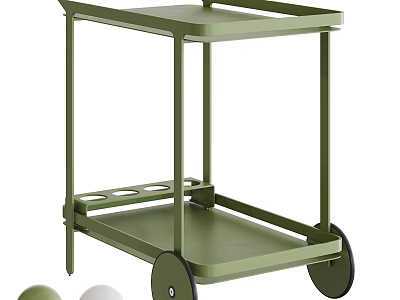 Green Two Tier Metal Rolling Cart With Circular Hole Design For Modern Spaces 3d model